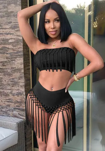 Women Fashion Sexy Strapless High Waist Tassel Two Piece Swimsuit