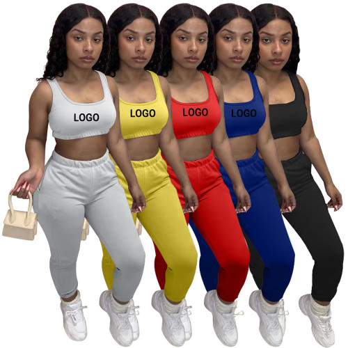Custom Logo Women's Customized Printing Clothing Solid Color Vest Pants Sports Trendy Two Piece Pants Set