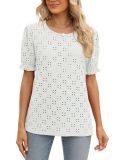 Camiseta de verano de color liso para mujer Top de manga corta con cuello redondo de jacquard hueco