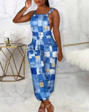 Summer Fashion Print Straps Pocket Backless Overalls Jumpsuit