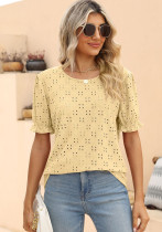 Einfarbiges T-Shirt für Sommerfrauen mit hohlem Jacquard-Rundhalsausschnitt und kurzen Ärmeln