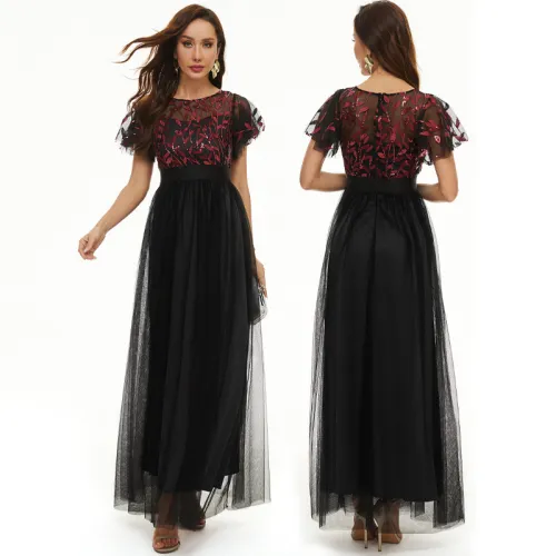 Sequin Dress Short Sleeve Round Neck Swing Evening Gown Mesh Patchwork Bridesmaid Dress Formal Party Clothing
