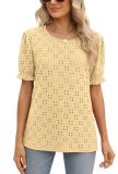 Camiseta de verano de color liso para mujer Top de manga corta con cuello redondo de jacquard hueco