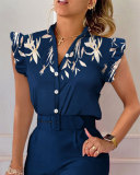 Camisa estampada con manga de mariposa y botones con cuello en V de verano para mujer