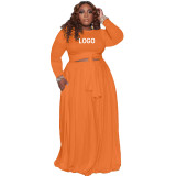 Customize Plus Size Women Casual Long Sleeve Top and Skirt Two-Piece Set with Pockets
