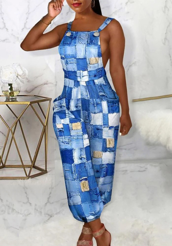 Summer Fashion Print Straps Pocket Backless Overalls Jumpsuit