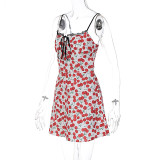 Vestido de tirantes con hombros descubiertos y estampado de cerezas americanas de verano para mujer