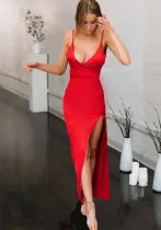 Women V-Neck Sexy Backless Slit Strap Dress