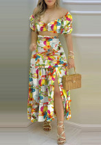 Frauen schulterfrei Sommer Print Schlitz zweiteiliges Set