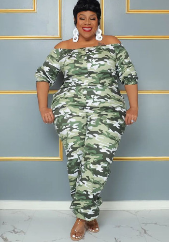 Women Camouflage Print Off Shoulder Jumpsuit
