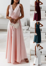 Frauen Sommer Solid V-Ausschnitt ärmelloses langes Kleid