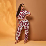 Conjunto de dos piezas de top de manga corta y pantalones sueltos con estampado de leopardo elegante de verano para mujer de talla grande