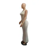 Women Sexy Open Mesh Backless Solid Lace-Up Maxi Dress