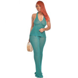 Women Sexy Solid Ribbed Sleeveless Top and Bell Bottom Pants Two-Piece Set