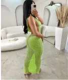 Women Sexy Open Mesh Backless Solid Lace-Up Maxi Dress