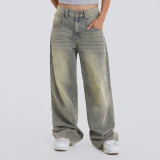 Pantalones de mezclilla rectos vintage degradados lavados de verano para mujer