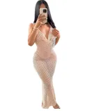 Women Sexy Open Mesh Backless Solid Lace-Up Maxi Dress