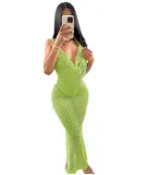 Women Sexy Open Mesh Backless Solid Lace-Up Maxi Dress