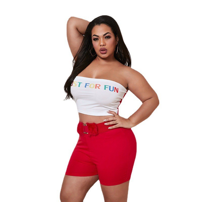 Plus Size Women Sexy Letter Print Top and Shorts Two-Piece Set