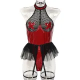 Sexy pu patent leather Halter Neck underwear mesh tutu teddy lingerie