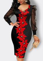 Kleid mit Herbstdruck, Damen-Mesh-Ärmel, figurbetontes Midi-Bleistiftkleid