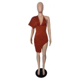 Custom Logo Women's Customized Printing Clothing Summer Stylish Backless V-Neck One Sleeve Slit Women's Customized Printing Dress