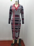 Autumn and winter fashion Plaid Print V-neck Bodycon long-sleeved sexy dress