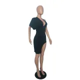 Custom Logo Women's Customized Printing Clothing Summer Stylish Backless V-Neck One Sleeve Slit Women's Customized Printing Dress