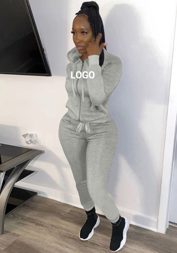 Özel Logo kadın Özelleştirilmiş Baskı Moda Rahat Spor Düz Fermuar Kapşonlu Eşofman İki Parça Pantolon Set