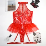Sexy pu patent leather Halter Neck underwear mesh tutu teddy lingerie