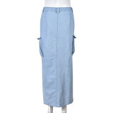 Falda de borlas con abertura en el bolsillo de lavado de mezclilla de estilo de moda para mujer