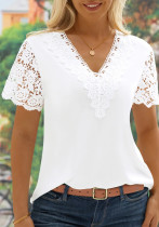 Camiseta de manga corta con retazos de encaje con cuello en V de color liso para mujer de verano