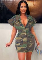 Damen-Stil, sexy, übergroßes, eng anliegendes Camouflage-Kleid mit Umlegekragen