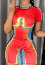 Vestido estampado 3d de estilo de moda de primavera para mujer Vestido ajustado ajustado de color contrastante