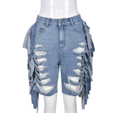 Pantalones cortos de verano para mujer, cintura alta, rasgados, estilo lavado, con agujeros, borla