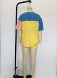 Women's Spring Summer Color Block Patchwork Short Sleeve Shirt Pocket Short Two Piece Set