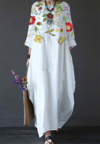 Summer Women's Chic Long Dress Round Neck Retro Sweet Print Art Dress Three Quarter Sleeves