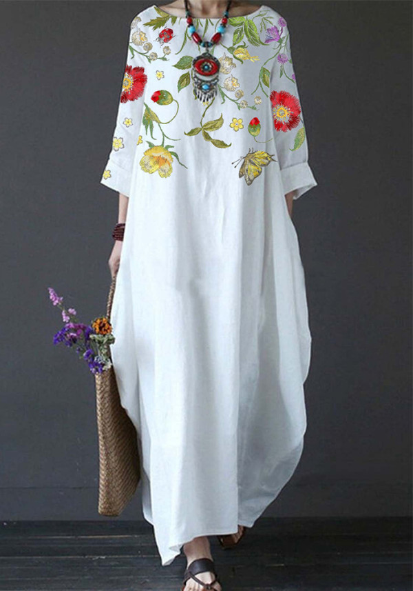 Летнее женское шикарное длинное платье с круглым вырезом в стиле ретро, ​​милое платье с принтом и рукавами три четверти