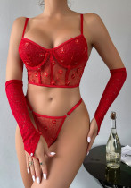 Lentejuelas sexy de dos piezas para mujer Día de San Valentín Traje rojo Lencería sexy