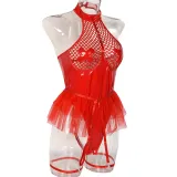 Sexy pu patent leather Halter Neck underwear mesh tutu teddy lingerie