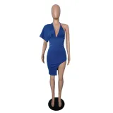 Custom Logo Women's Customized Printing Clothing Summer Stylish Backless V-Neck One Sleeve Slit Women's Customized Printing Dress