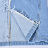 Women's Fashion Style Denim Wash Pocket Slit Tassel Skirt