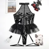 Sexy pu patent leather Halter Neck underwear mesh tutu teddy lingerie