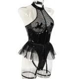 Sexy pu patent leather Halter Neck underwear mesh tutu teddy lingerie