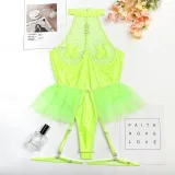 Sexy pu patent leather Halter Neck underwear mesh tutu teddy lingerie