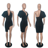 Custom Logo Women's Customized Printing Clothing Summer Stylish Backless V-Neck One Sleeve Slit Women's Customized Printing Dress