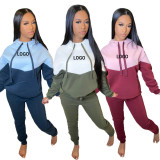 Custom Logo Women's Customized Printing Casual Patchwork Hooded Tracksuit Two-Piece Pants Set