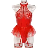 Sexy pu patent leather Halter Neck underwear mesh tutu teddy lingerie