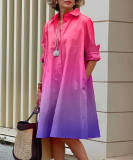 Autumn Spring Summer Chic Ombre Print Shirt Collar Long Sleeve Pocket Midi Dress