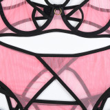 Sexy Dessous für Damen, dreiteilig, kontrastierende Farbe, Patchwork, elastisches Netz, bequeme, eng anliegende, sexy Dessous